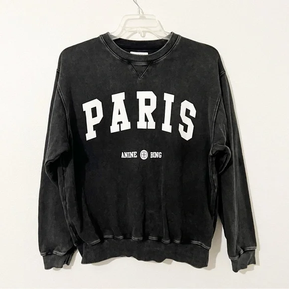 Anine Bing Ramona Paris Crewneck Sweatshirt Washed Black Size Large L - Picture 2 of 7